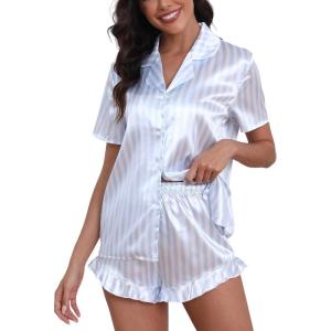 CUPSHE Womens Silk Pajamas Set Satin Short Sleeve Sleepwear Button Up Pjs Shorts Set(Blue & White)