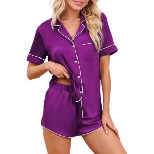 CUPSHE Womens Silk Pajamas Set Satin Short Sleeve Sleepwear Button Up Pjs Shorts Set(Dark Purple)