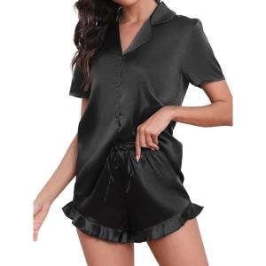 CUPSHE Womens Silk Pajamas Set Satin Short Sleeve Sleepwear Button Up Pjs Shorts Set(Midnight Dark)