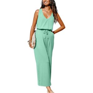 CUPSHE Women’s Sleeveless V Neck Sleeveless Waist Tie Wide Leg Jumpsuit Beach Vacation Outfits(Green)