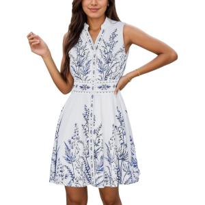 CUPSHE Womens Sleeveless V-Neck Floral Print Standing Collar Casual Mini Dress(Blue Floral)