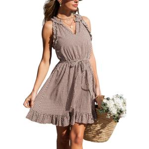 CUPSHE Women’s Summer Dresses 100% Cotton Plaid Ruffle Sleeve V Neck Tie Front Smocked Mini Dress(Brown)