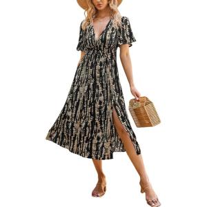 CUPSHE Women’s Summer Dresses Abstract Tie Dye V Neck Short Sleeve Elastic Waist Maxi Dress(Black)