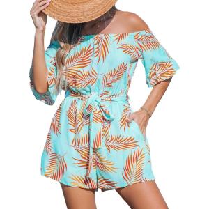 CUPSHE Women’s Summer Floral Jumpsuits Off Shoulder Half Sleeves Waist Tie Wide Leg 2025 Beach Vacation Outfits with Pockets(Green)