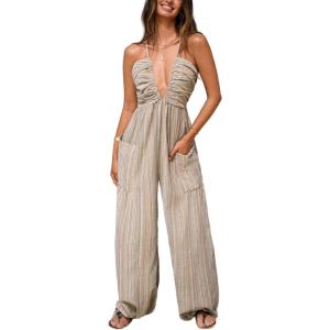 CUPSHE Women’s Summer Jumpsuit Plunging Halter Sleeveless Striped Casual Dressy Outfit Wide Leg Pockets Maxi Overall(Apricot)