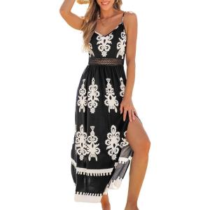 CUPSHE Women’s Summer Maxi Dress V Neck Paisley Slit Cami Long Dress Beach Sundress(Black)