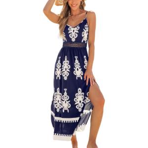 CUPSHE Women’s Summer Maxi Dress V Neck Paisley Slit Cami Long Dress Beach Sundress(Navy Blue)