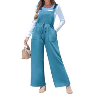 CUPSHE Women’s Summer One Piece Jumpsuits Sleeveless Button Wide Leg Overalls Loose Rompers with Pockets Vacation Outfits(Blue)