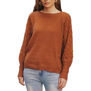 CUPSHE Women’s Sweater Long Lantern Sleeve Pullover Sweaters Crewneck Jumper Top(Brick Red)