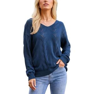 CUPSHE Women’s Sweater V Neck Long Sleeve Hollow Cable Knit Pullover Tops(B-navy)