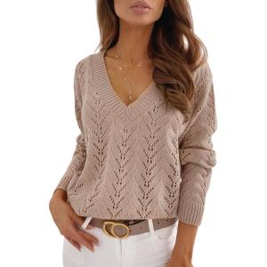 CUPSHE Women’s Sweater V Neck Long Sleeve Hollow Cable Knit Pullover Tops(Mist Pink)
