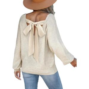 CUPSHE Womens Sweaters Bow Back Long Sleeve Sweater V Neck Lightweight Knit Pullover Sweater Tops(Apricot)