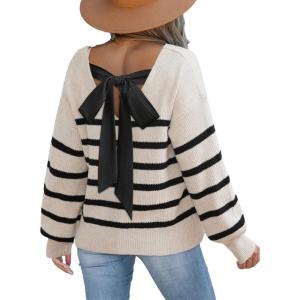 CUPSHE Womens Sweaters Bow Back Long Sleeve Sweater V Neck Lightweight Knit Pullover Sweater Tops(Black Striped)