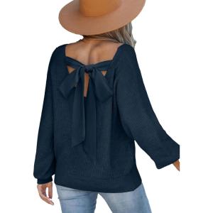 CUPSHE Womens Sweaters Bow Back Long Sleeve Sweater V Neck Lightweight Knit Pullover Sweater Tops(Blue)