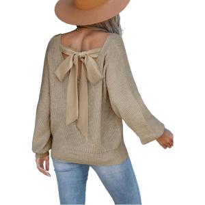CUPSHE Womens Sweaters Bow Back Long Sleeve Sweater V Neck Lightweight Knit Pullover Sweater Tops(Light Brown)