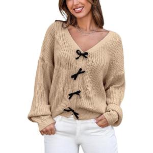 CUPSHE Womens Sweaters Bow Sweater Neck Casual Long Sleeve Lightweight Crochet Pullover Sweater Tops(Khaki)