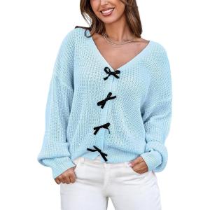 CUPSHE Womens Sweaters Bow Sweater Neck Casual Long Sleeve Lightweight Crochet Pullover Sweater Tops(Light Blue)