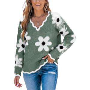 CUPSHE Womens Sweaters Long Sleeve Fall Sweater Trendy 2025 Floral V Neck Jumper Tops(Green)