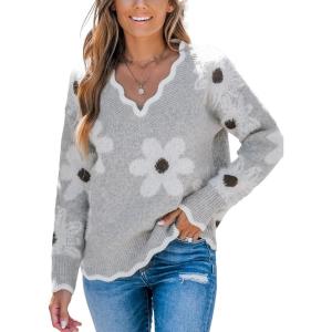 CUPSHE Womens Sweaters Long Sleeve Fall Sweater Trendy 2025 Floral V Neck Jumper Tops(Grey)