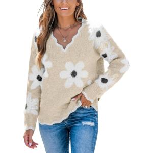 CUPSHE Womens Sweaters Long Sleeve Fall Sweater Trendy 2025 Floral V Neck Jumper Tops(Khaki)