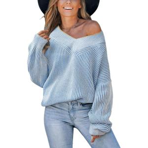 CUPSHE Womens Sweaters Oversized Sweater Loose Fit Long Sleeve Sweater V Neck Striped Pullover Sweater Tops(Blue & White Stripe)