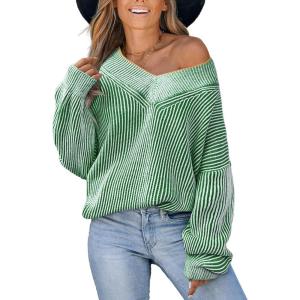CUPSHE Womens Sweaters Oversized Sweater Loose Fit Long Sleeve Sweater V Neck Striped Pullover Sweater Tops(Green & White Stripe)