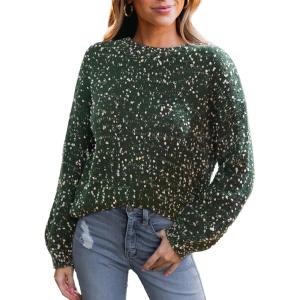 CUPSHE Womens Sweaters Rainbow Pom Casual Long Sleeve Ribbed Knit Pullover Sweater Tops(Green)
