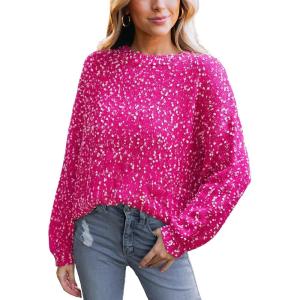 CUPSHE Womens Sweaters Rainbow Pom Casual Long Sleeve Ribbed Knit Pullover Sweater Tops(Rose Red)