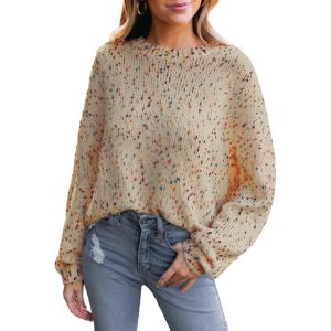 CUPSHE Womens Sweaters Rainbow Pom Casual Long Sleeve Ribbed Knit Pullover Sweater Tops(Teddy)