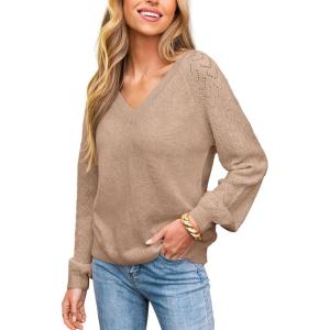 CUPSHE Womens Sweaters V Neck Long Sleeve Lightweight Soft Crochet Casual Pullover Sweater Tops(B-apricot)