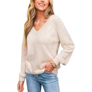 CUPSHE Womens Sweaters V Neck Long Sleeve Lightweight Soft Crochet Casual Pullover Sweater Tops(B-beige)