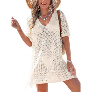 CUPSHE Women’s Swimsuit Cover Up Crochet Hollow Out Beach Summer Dress V Neck Casual Loose Bathing Suit Coverup for Swimwear(Beige)