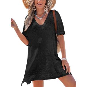 CUPSHE Women’s Swimsuit Cover Up Crochet Hollow Out Beach Summer Dress V Neck Casual Loose Bathing Suit Coverup for Swimwear(Black)