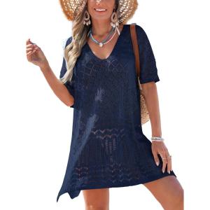 CUPSHE Women’s Swimsuit Cover Up Crochet Hollow Out Beach Summer Dress V Neck Casual Loose Bathing Suit Coverup for Swimwear(Navy Blue)