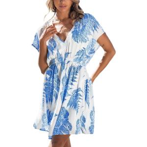 CUPSHE Women’s Swimsuit Coverup Dress Short Sleeve Casual Summer Printed Beach Cover Ups Sundress(Blue Leaves)