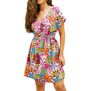CUPSHE Women’s Swimsuit Coverup Dress Short Sleeve Casual Summer Printed Beach Cover Ups Sundress(Colorful Floral)