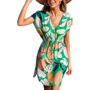 CUPSHE Women’s Swimsuit Coverup Dress Short Sleeve Casual Summer Printed Beach Cover Ups Sundress(Green Tropical)