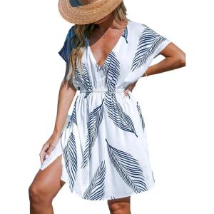 CUPSHE Women’s Swimsuit Coverup Dress Short Sleeve Casual Summer Printed Beach Cover Ups Sundress(Navy Leaf)
