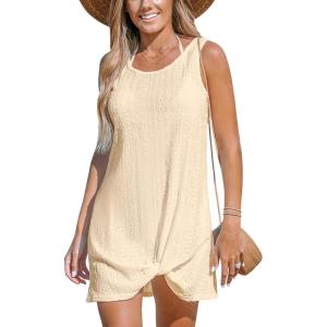 CUPSHE Womens Swimsuit Coverup Sleeveless Swimwear Beach Cover Ups Sheer Twisted Basic Tank Dress(Beige)