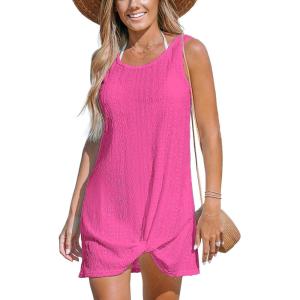 CUPSHE Womens Swimsuit Coverup Sleeveless Swimwear Beach Cover Ups Sheer Twisted Basic Tank Dress(Hot Pink2)