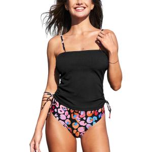 CUPSHE Women’s Tankini Set Two Piece Swimsuit Ruched Drawstring Bathing Suits with High Waisted Bottom Rib(Black/Pink Leopard)