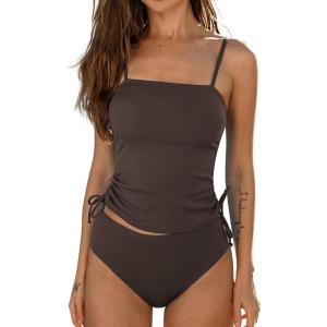 CUPSHE Women’s Tankini Set Two Piece Swimsuit Ruched Drawstring Bathing Suits with High Waisted Bottom Rib(Chocolate Brown)