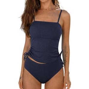 CUPSHE Women’s Tankini Set Two Piece Swimsuit Ruched Drawstring Bathing Suits with High Waisted Bottom Rib(Dark Navy Blue)