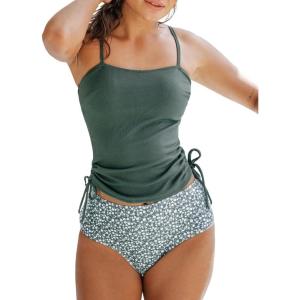 CUPSHE Women’s Tankini Set Two Piece Swimsuit Ruched Drawstring Bathing Suits with High Waisted Bottom Rib(Green Ditsy Floral)