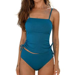 CUPSHE Women’s Tankini Set Two Piece Swimsuit Ruched Drawstring Bathing Suits with High Waisted Bottom Rib(Teal)