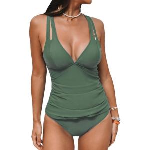 CUPSHE Women’s Tankini Set V Neck Crisscross Adjustable Straps Cutout Two Piece Swimsuit Mid Rise Ruched(Forest Green)