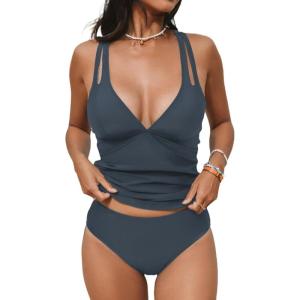 CUPSHE Women’s Tankini Set V Neck Crisscross Adjustable Straps Cutout Two Piece Swimsuit Mid Rise Ruched(Grey)