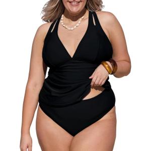 CUPSHE Women’s Tankini Set V Neck Crisscross Adjustable Straps Cutout Two Piece Swimsuit Mid Rise Ruched(P-black)