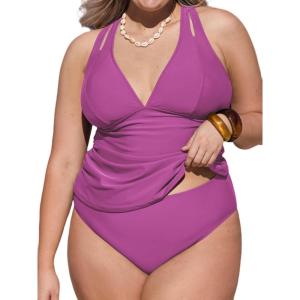 CUPSHE Women’s Tankini Set V Neck Crisscross Adjustable Straps Cutout Two Piece Swimsuit Mid Rise Ruched(P-dark Fuchsia)