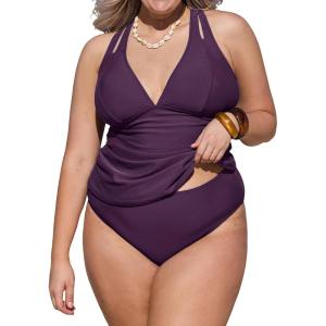 CUPSHE Women’s Tankini Set V Neck Crisscross Adjustable Straps Cutout Two Piece Swimsuit Mid Rise Ruched(P-deep Purple)